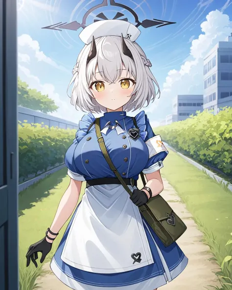 sena \(blue archive\),1girl, halo, nurse_cap, armband, solo, looking_at_viewer, adjusting_gloves, black_gloves, braid, white_apron, short_sleeves, blue_dress, black_horns, frilled_apron, outdoors, shoulder_bag, blush, closed_mouth, blue_sky, breasts, cloud, nurse, blurry
<lora:sena_(blue_archive)_image207_2023-11-28:1>halo. gorgeous,key visual, vibrant, studio anime,award-winning, professional, highly detailed,high budget, cinemascope