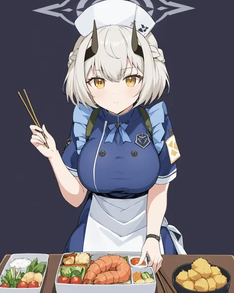 sena \(blue archive\),1girl, solo, breasts, looking at viewer, large breasts, hat, dress, holding, sitting, closed mouth, braid, short sleeves, horns, apron, blue dress, halo, armband, white apron, chopsticks, nurse cap, holding chopsticks, bento, shrimp, tempura, shrimp tempura
<lora:Sena_image57_v1-000045:1>,halo,. gorgeous,key visual, vibrant, studio anime,award-winning, professional, highly detailed,high budget, cinemascope