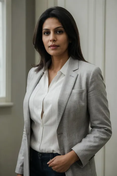 photo of piuymilf, a woman, 40 years old, wearing white blouse and a grey jacket, standing, realistic, (masterpiece:1.1), (best quality:1.1), beautiful, (intricate details), unity 8k wallpaper, ultra detailed, beautiful, aesthetic, perfect lighting <lora:piuymilf_V2-000008:0.7>