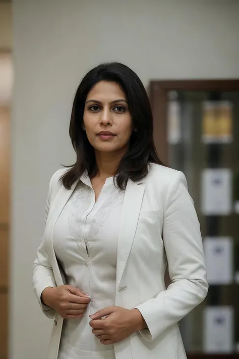 photo of piuymilf, a woman, 40 years old, wearing white blouse and a grey jacket, standing, realistic, (masterpiece:1.1), (best quality:1.1), beautiful, (intricate details), unity 8k wallpaper, ultra detailed, beautiful, aesthetic, perfect lighting <lora:piuymilf_V2-000008:0.7>