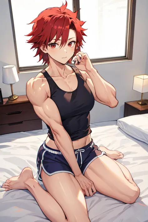 kirishima, 1girl,solo, muscular female, red eyes, red hair,genderswap, genderswap \(mtf\), short hair, large breasts, tank top, dolphin shorts, on bed, wariza, indoors, bed sheet, <lora:kirishima_off:1>