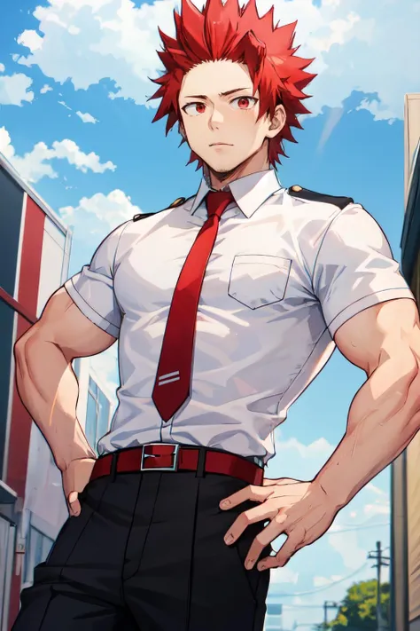 kirishima, 1boy,solo, muscular male, red eyes,spiked hair, red hair, short hair, day, cloudy sky, u.a. school uniform, white shirt, red necktie, black pants, shirt tucked in<lora:kirishima_off:1>