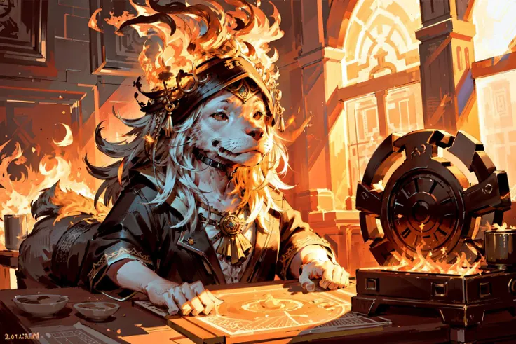 RAW photo, fantasycharacter, yellow labrador, dog wearing a derby hat, sitting in chair, at table, coffee cup, flames, room on fire, smoke, tavern, landscape, (perfect lighting, shadows), 8k uhd, dslr, soft lighting, high quality, film grain, Fujifilm XT3, sharp focus, 8k high definition, insanely detailed, intricate, masterpiece, highest quality, character, advntr <lora:on_fire10:0.6> <lora:FirevfxCreateMore_v2:0.2>