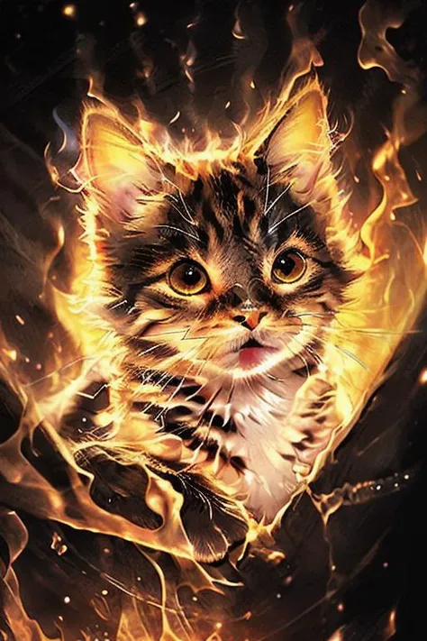 best quality, professional lighting, super detailed, realistic, beautiful detailed eyes, <lora:cat_20230627113759:0.8> cat, < <lora:on_fire:0.7> fire