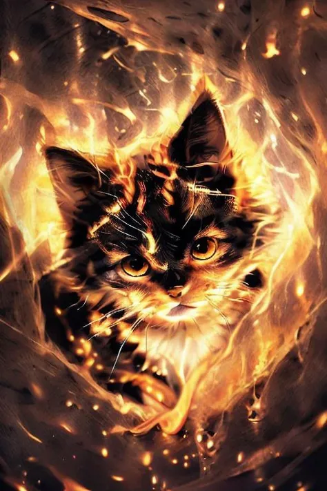 best quality, professional lighting, super detailed, realistic, beautiful detailed eyes, <lora:cat_20230627113759:0.8> cat, < <lora:on_fire:0.8> fire