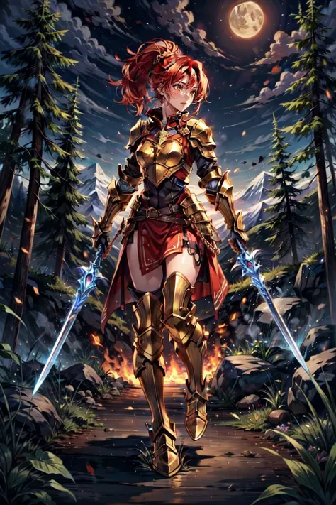<lora:Add Detail Tweak:0.7>, <lora:On Fire v1.0:0.6>, (best quality:1.2, extremely detailed:1.2, highres:1.2), 1girl, red hair, short hair, ponytail, gold eyes, heavy armor, plate armor, red armor, knight, sword, forest, mountain, human on fire, action pose, full body, moonlight, darkness \(theme\),