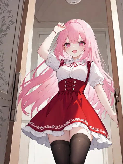 best quality, amazing intricate, cute girl, round eyes, small breasts, 
:d, pink hair, dancing, stood in a doorway, 
looking at viewer, 
long hair, dreadlocks, 
, 
, 
, 
, 
, 
, 
(red dress, dirndl, praid skirt:1.4), 
from below, cowboy shot, zettai ryouiki, black legwear