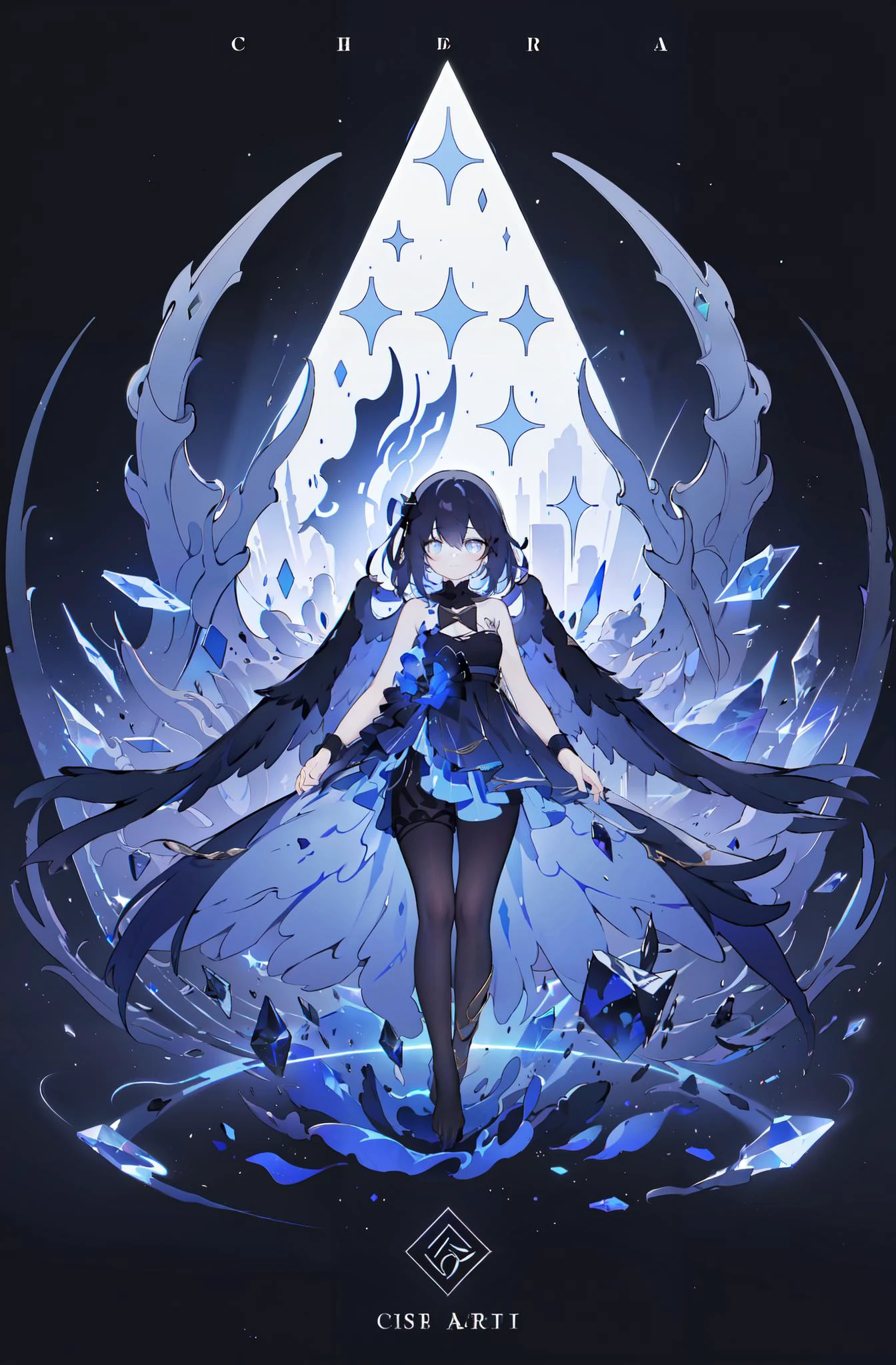 simple_black_background, black and white theme, Sense of coordination, sense of order, mathematics beauty, (((cover design))), (((((cover art))))), ((trim)), album_art, official art, (Master's work), looking at viewer,
<lora:yongye-v100-000027:0.8:lbw=OUTALL>, yongye, 1girl, dress, pantyhose, blue eyes, long black hair, low wings, dark angel, lower back wings,
chessboard, chess, white geometry, black geometry, reflection, crystal_art, pattern_design, creative, Mystery pattern, black crystal decorate, black crystal, (architectural art), ((geometric art)), pattern design, creative,
------,
Low saturation, grand masterpiece, Perfect composition, film light, light art