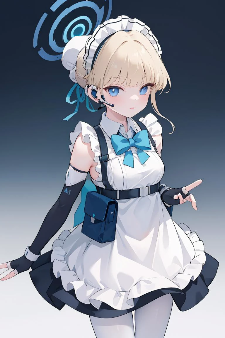 (masterpiece, best quality), 1girl, <lora:toki_asuma_v1:1> toki asuma, halo , short hair, hair bun, maid headdress, earpiece, maid apron, blue bow, harness, pouch, elbow gloves, fingerless gloves, white pantyhose