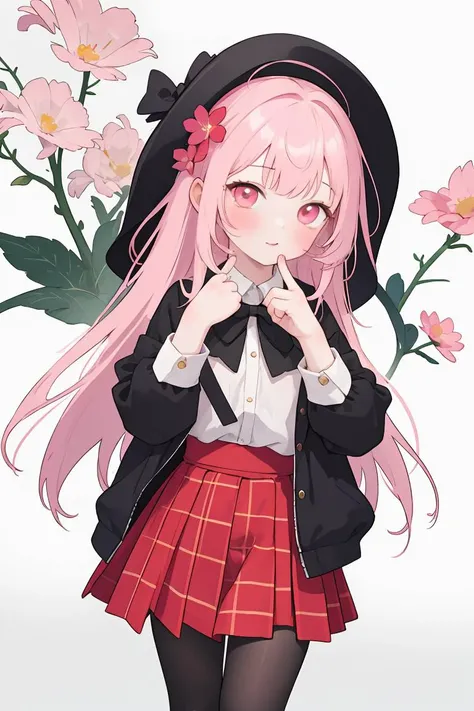 (masterpiece, best quality), 1girl, <lora:opossumachine:1> pink hair, plaid skirt, black legwear, flower,