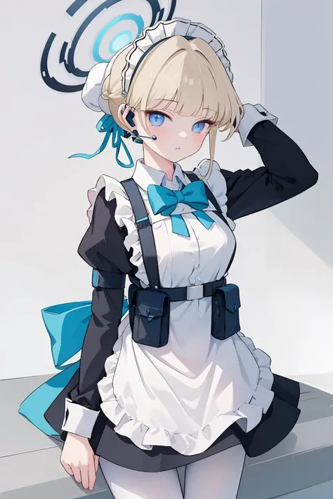 (masterpiece, best quality), 1girl, <lora:toki_asuma_v1:1> toki asuma, halo , short hair, hair bun, maid headdress, earpiece, black dress, puffy long sleeves, maid apron, blue bow, harness, pouch, white pantyhose