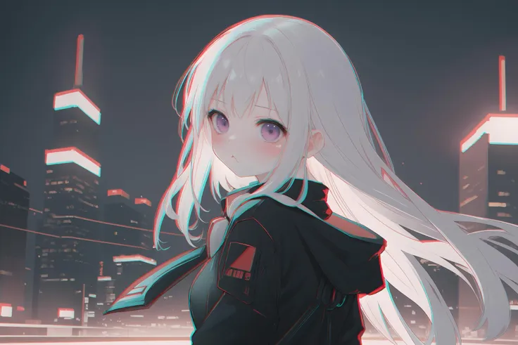 (best quality, masterpiece, highres),1girl,solo,blush,pout,cyberpunk,looking back,wind,upper body,blurry background,<lora:anaglyph RG_v1s:1>,