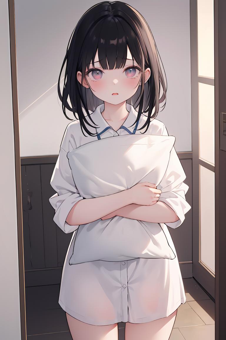 Anime girl in white shirt and shorts standing in front of a door ...