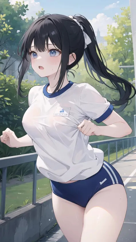 masterpiece,best quality,black hair,long hair,medium breasts,ponytail,<lora:buruma2:1>,1girl,white gym uniform,brm,<lora:buruma2:0.15>,sweat,cowboy shot,outdoors,running,open mouth,