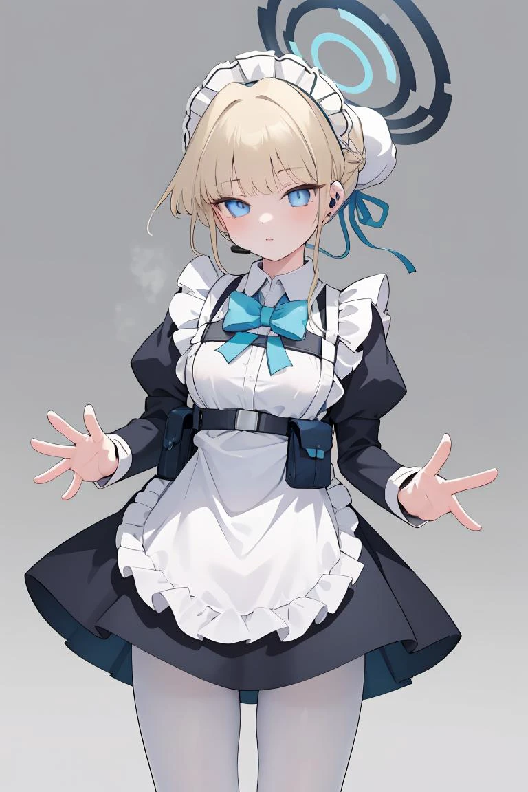(masterpiece, best quality), 1girl, <lora:toki_asuma_v1:1> toki asuma, halo , short hair, hair bun, maid headdress, earpiece, black dress, puffy long sleeves, maid apron, blue bow, harness, pouch, white pantyhose