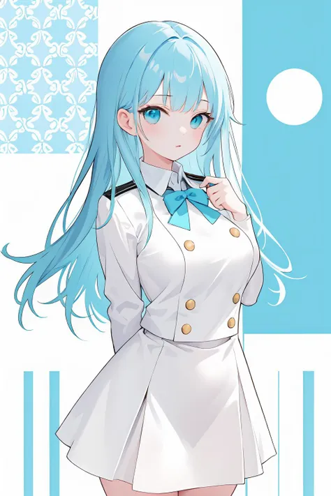 masterpiece, best quality, hires, 1girl, white uniform, white collar, cyan stash, pattern background, hands behind back