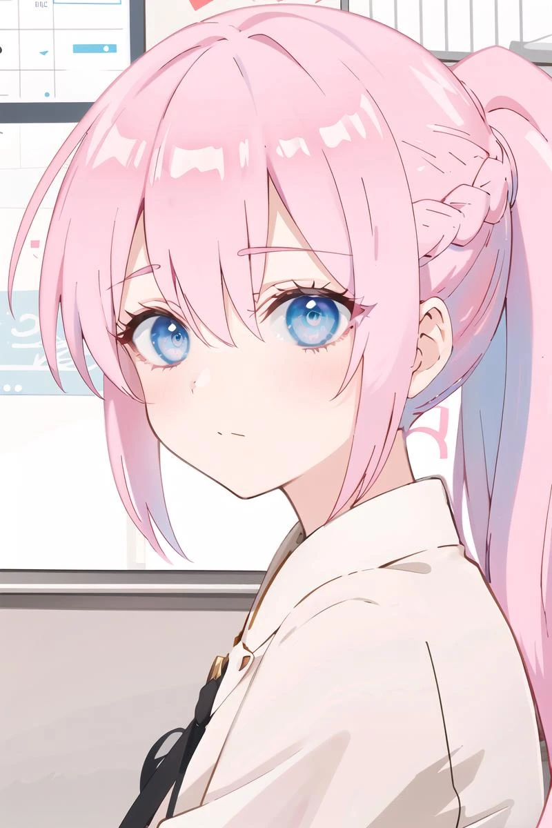 1girl,solo,shikimorisan,1girl,pink hair,ponytail,long hair,blue eyes,braid,hair between eyes,bangs,macromastia,
<lora:smooth skin v1.3.2:1>,<lora:shikimorisanv3:0.8>,