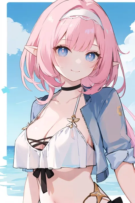 1girl,elysia (summer miss elf) (honkai impact),slit pupils,pink pupils,elysia (honkai impact),elf,pointy ears,pink hair,long hair,swimsuit,blue eyes,breasts,cleavage,bangs,smile,bikini,white bikini,jacket,see-through,large breasts,hairband,ponytail,
<lora:elysia_1024_Lion_dim128_kohyaLoRA_fp32_1e-1noise_token2_24-3-2023:0.7>,