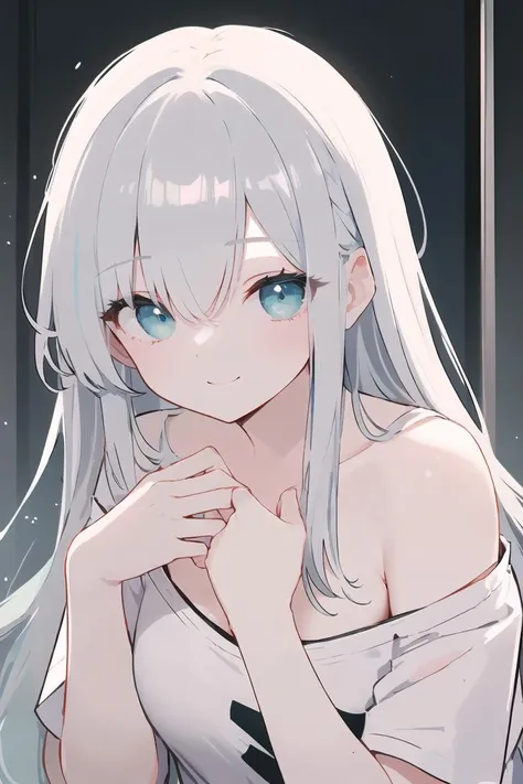 from above,(leaning forward:1.5),ultra-detailed eye,high resolution,best quality,extremely detailed CG,perfect hands,young girl,long hair,(hair over one eye),hair over shoulder,silver hair,shiny hair,large_breasts,(aqua eyes),white skin,wears (one-shoulder) (oversized T-shirt),slip down,(slip T-shirt:1.2),smile,cleavage,from side,(upper body:1.3),breasts up,breasts focus,(hand on own chest:1.3),from front,(front view),