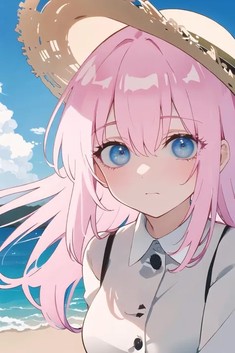 (best quality:1.1),(masterpiece:1.2),beautiful detailed,(high detailed skin, skin details),(wide_landscape, 8k),beautiful face,detailed eyes,depth of field,dramatic light,best quality,highres,best illumination,shikimorisan,1girl,pink hair,long hair,blue eyes,hair between eyes,bangs,shy,large breasts,sundress,(straw_hat:1.1),sandals,beach,<lora:shikimorisanv3:0.8>,