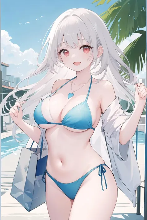 (aquarelle style:1.4),long hair,A girl in a off shoulder bikini having fun on the shopping street of a tropical resort,
smile,open mouth,big breasts,cleavage,cute,heart necklace,anklet,silver hair,red eyes,
(cute illustration:1.2),high-resolution,ultra-detailed,best quality,