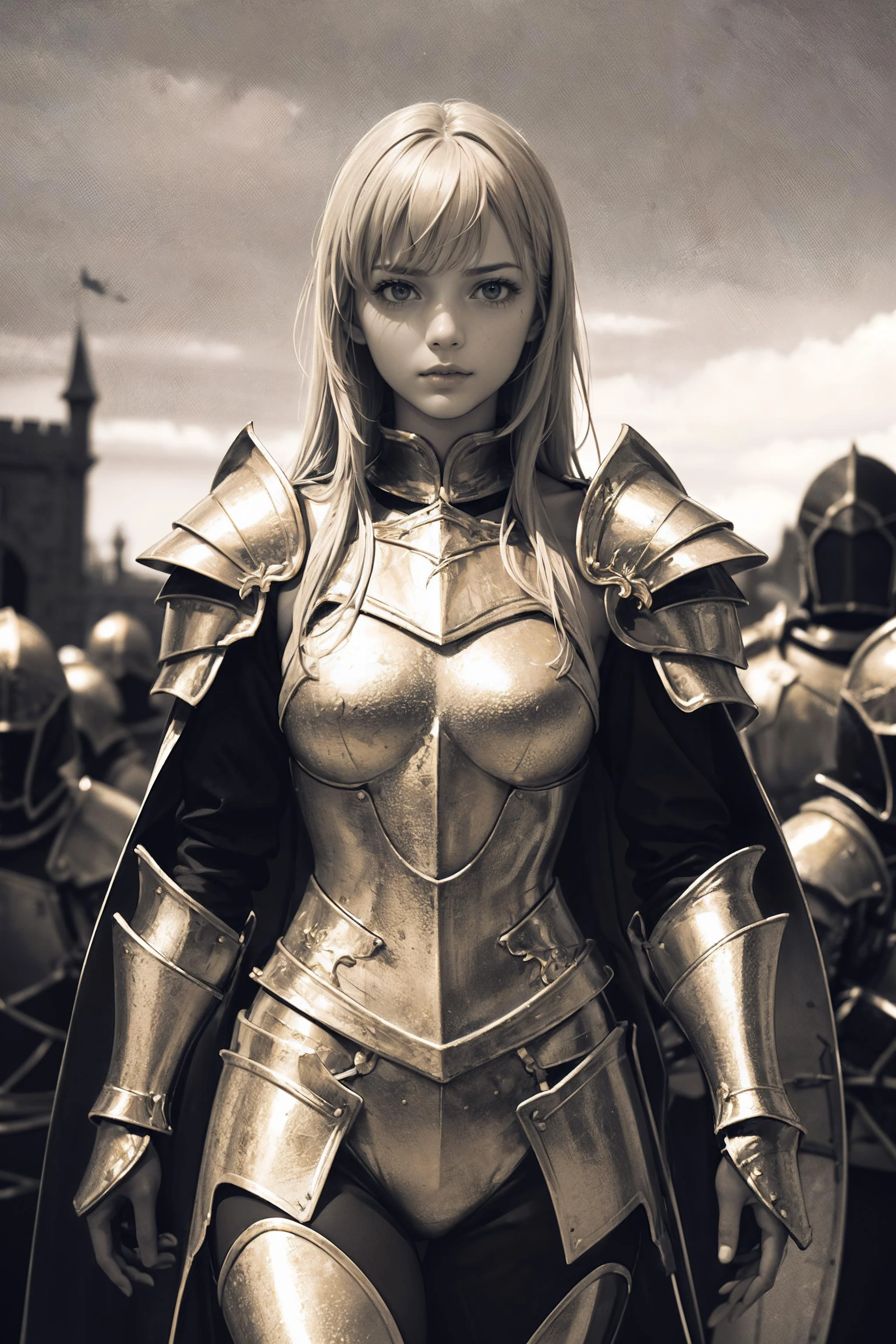 girl, cinematic film still, (skindentation:1.3), knight, female body, (gold knight armor:1.2), castle, medieval town, medium shot, army of knights behind, ultra realistic, (monochromatic:1.3), epic, highly detailed