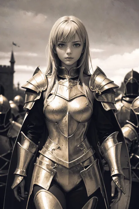 girl, cinematic film still, (skindentation:1.3),  knight, female body, (gold knight armor:1.2), castle, medieval town, medium shot, army of knights behind, ultra realistic, (monochromatic:1.3), epic, highly detailed