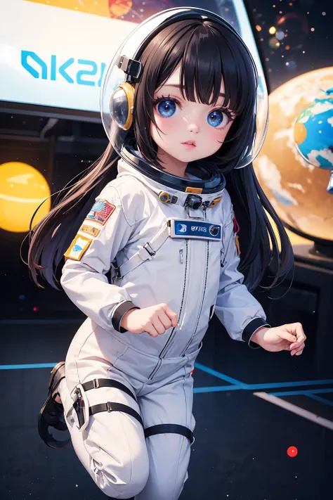 little girl, spacesuit, space helmet, sci-fi style, bokeh, earth \\(planet\\), (jumping), skindentation, extremely long hair, distinct facial features, cute and adorable, parted lips, big reflective eyes, subsurface scattering, vivid colors, big depth of field, high quality,