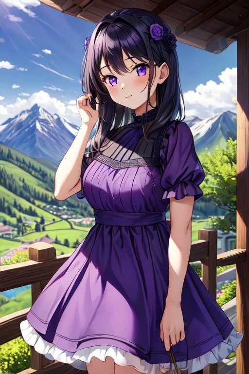 ,masterpiece, best quality,ultra detail, <lora:anmnr01:0.3> <lora:add_detail:0.5>,<lora:GoodHands-vanilla:0.8>,1girl.Violet Dress, <lora:Violet Dress by Stable Yogi:0.7>outdoor,mountain