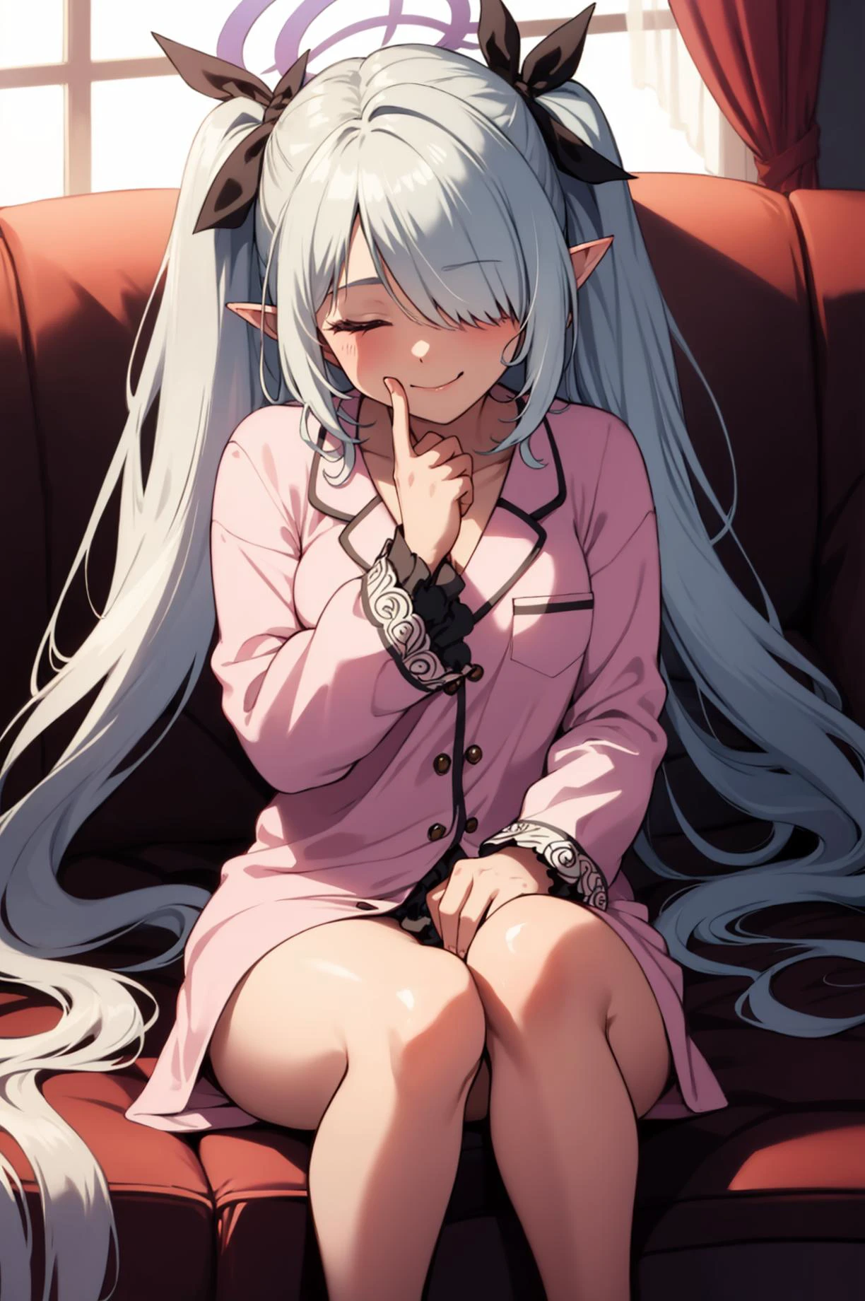 1girl, hyperrealism, intricate quality, superfine quality, super detailistic,ultra-detailed, 8k, intricate details , super smooth details , <lora:iori_ba:1> iori ba,pointy ears, very long hair, ribbon,hair over one eyes,halo , lay on the couch , sleep , closed eyes , happy face , hands between legs , pajama