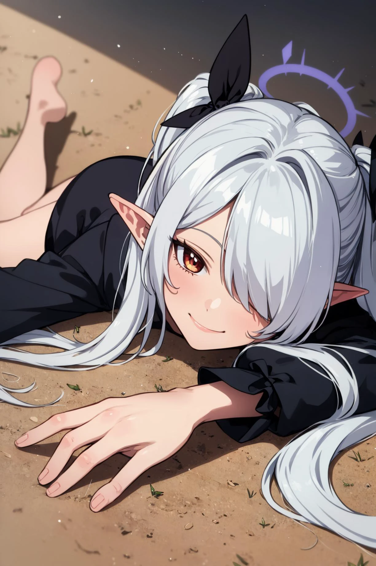 1girl, hyperrealism, intricate quality, superfine quality, super detailistic,ultra-detailed, 8k, intricate details , super smooth details , <lora:iori_ba:1> iori ba,pointy ears, very long hair, ribbon,hair over one eyes,halo ,push to the ground , lay on ground , smile , stretched out ,
