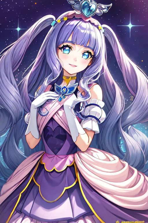 (master piece, best quality, high resolution, ultra detailed, digital art, game CG, extremely detailed CG, 8k, official art, super detailed skin, beautiful detailed face, beautiful detailed eyes, perfect anatomy, perfect hands, perfect fingers:1.3), (1girl, face focus, close up face, face macro, from above), depth of field, dramatic lighting, cinematic lighting, (1girl is cure_majesty), beautiful mother, busty, hair white wing ornament, wing tiara, (big light blue bright eyes, gentle eyes, upward glance, puppy dog face, bright eyelashes), (purple hair, shiny hair, two side up, hair ornament, elbow gloves, frilled thighhighs), shiny face, joy, gentle smile, raise the corners of the mouth, (holding a book:1.3), graceful posture, slender fingers, willowy limbs, ethereal presence, gleaming skin, make up, eyeshadow, blush, red lipstick, (dawn, twilight, evening star, first star) outdoor, elegance appearance, emphasizing cure_majesty