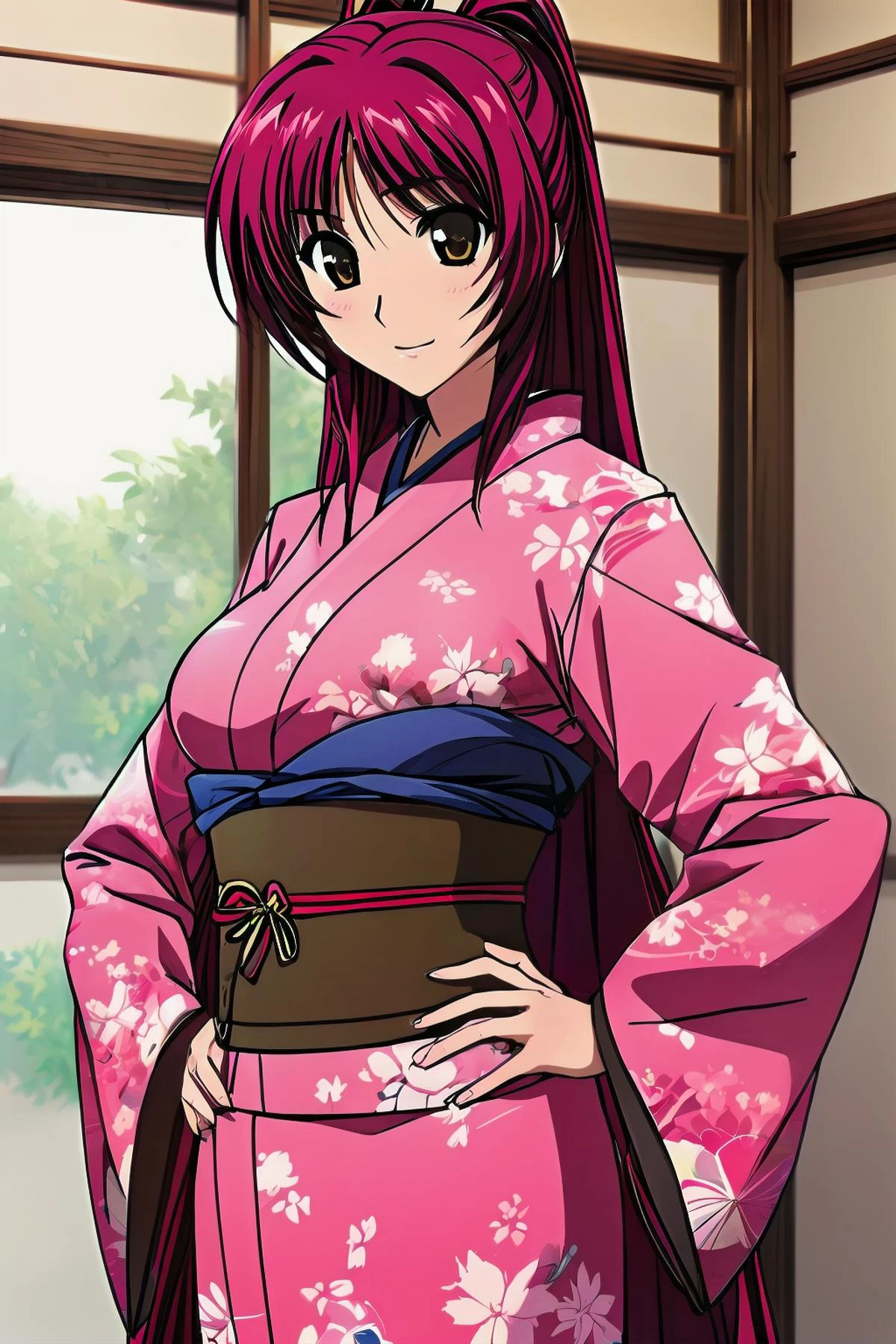 (detailed hands),(perfect anatomy), masterpiece,beautiful detailed eyes,official art, extremely detailed CG,
best quality, ultra-detailed,8K, 16K, cinematic lighting, (gleaming_skin:1.2),(anime screencap),character focus,1girl, BREAK
standing,smile:0.5,blush,kimono,japanese clothes, obi,floral print, hand on hip,
cowboy shot,ryokan,faint lips:1,
<lora:flat2:-0.7>
<lora:Tamaki_v12:1.0>kousaka tamaki, red_hair,long_hair,brown_eyes,large breasts,