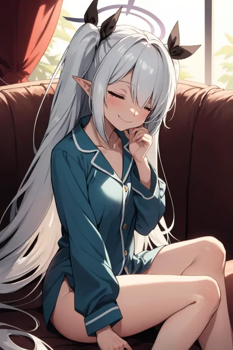 1girl,  intricate quality, superfine quality, super detailistic,ultra-detailed, 8k,  intricate details  , super smooth details ,  <lora:iori_ba:1> iori ba,pointy ears, very long hair, ribbon,hair over one eyes,halo , lay on the couch , sleep , closed eyes , happy face , hands between legs , pajama