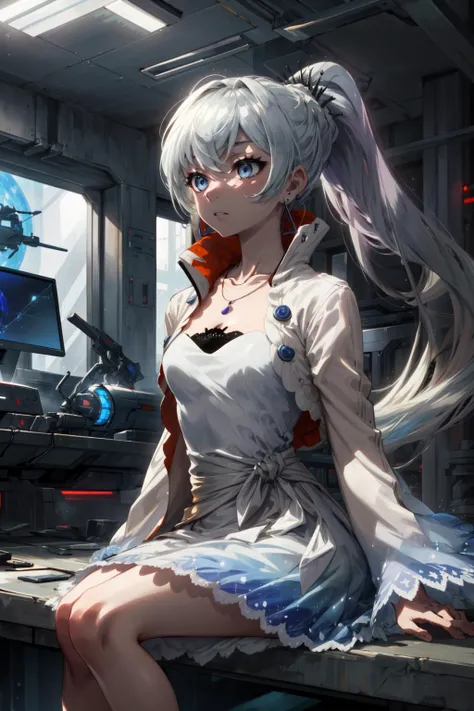 masterpiece,best quality,1girl,weissvale,ponytail,white dress,jewelry,necklace,earrings,expressionless,sitting,science fiction,indoors,<lora:rwby_weissschnee:1>,