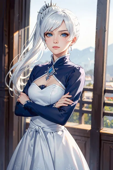 ((best quality)),((masterpiece)),(detailed),(realistic),(8k), (4k), <lora:rwby_schnee:1>, cowboy shot, solo, 1girl, weiss schnee, serious, closed mouth, looking at viewer, crossed arms, side ponytail, scar across eye, dress, long sleeves, snowing