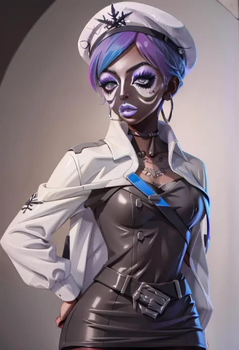 (masterpiece), (high res), 4k, ((best quality)), (absurdes), beautiful face, detailed face, ultra-detailed, ( body shot, open eyes, (looking at viewer, facing forward. front facing, facing viewer)) 1girl, solo, (black background), hoop earrings, dark-skinned female, colored skin, rose symbol tattoo, BREAK, (yamanba, white facepaint makeup:1.3) wide lips, (large lips, purple lips), parted lips, eyeshadow, very dark skin, makeup, leopard print, choker, off-the shoulder crop top, jewelry, white face tattoo, large intricate hair accessories, (dark brown skin), ( <lora:rwby_weissschnee:1> weissneg, peaked cap, military uniform, white coat, belt, pantyhose, (rainbow hair:1.2), ((multicolored hair:1.2)), (gradient hair:1.2), short hair), (<lora:ColoredLipstick:1> (lipstick, purple lipstick)), <lora:fakelips_1:1> fakelips, huge lips, lip filler, <lora:retromanba:.6> <lora:ManbaSD1_5_Baaki:.2><lora:Kuroko:.25> <lora:leopard-clothes-v1-b3-wasabiya:1> leoprint, ((<lora:Dskin_v1.0:1.3> dark skin)) <lora:manba_v5:.4>