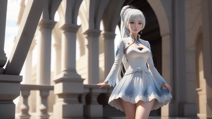 far shot, academy, fountain, stone floor, weiss schnee, side ponytail, scar across eye, dress, pale skin, blue eyes, (19 year old girl), white hair, large breasts, thin waist:0.5, wide hips:0.3, thick thighs:0.2, up skirt, crown <lora:rwby_schnee:1>, (masterpiece:1.2), (epic composition:1.4), (talent:1.2), beautiful eyes, symmetric features, cute face, ultra detailed, cinematic lighting, highly detailed, insanely detailed, (photorealistic:1.2), hdr, 8k, exquisite, sharp, elegant, ambient lighting, fantasy vivid colors, high quality,
