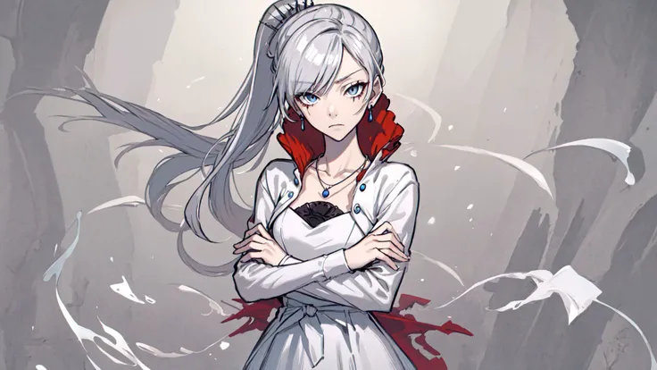 (masterpiece, best quality:1.2),<lora:rwby_weissschnee-12:1>,cowboy shot,solo,1girl,weissvale,expressionless,closed mouth,looking at viewer,crossed arms,ponytail,scar on eye,white dress,jewelry,necklace,earrings,