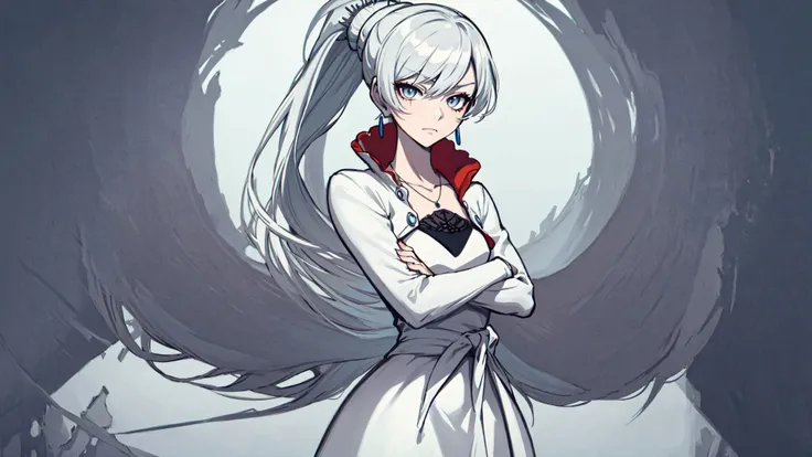 (masterpiece, best quality:1.2),<lora:rwby_weissschnee-12:1>,cowboy shot,solo,1girl,weissvale,expressionless,closed mouth,looking at viewer,crossed arms,ponytail,scar on eye,white dress,jewelry,necklace,earrings,