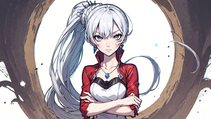 (masterpiece, best quality:1.2),<lora:rwby_weissschnee-12:1>,cowboy shot,solo,1girl,weissvale,expressionless,closed mouth,looking at viewer,crossed arms,ponytail,scar on eye,white dress,jewelry,necklace,earrings,