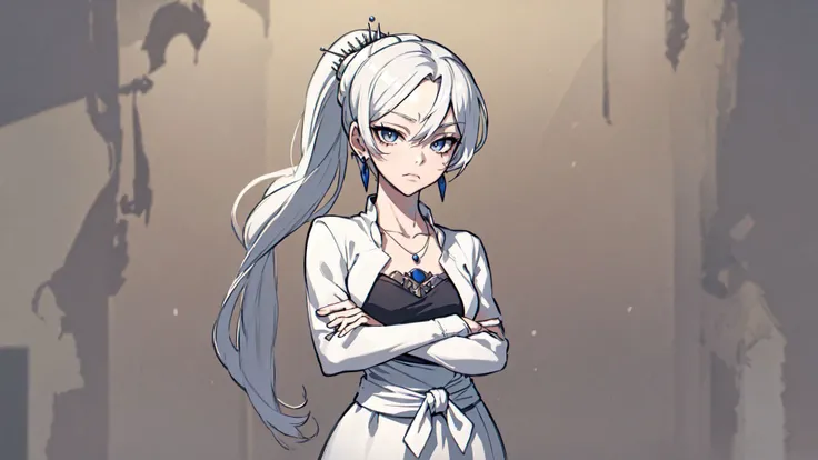 (masterpiece, best quality:1.2),<lora:rwby_weissschnee-12:1>,cowboy shot,solo,1girl,weissvale,expressionless,closed mouth,looking at viewer,crossed arms,ponytail,scar on eye,white dress,jewelry,necklace,earrings,