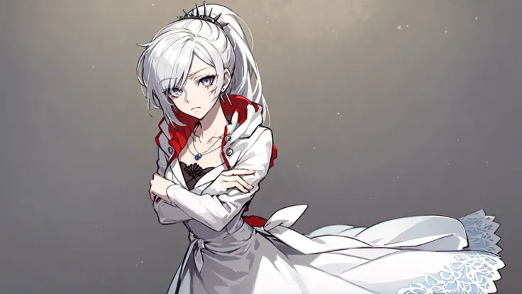 (masterpiece, best quality:1.2),<lora:rwby_weissschnee-12:1>,cowboy shot,solo,1girl,weissvale,expressionless,closed mouth,looking at viewer,crossed arms,ponytail,scar on eye,white dress,jewelry,necklace,earrings,