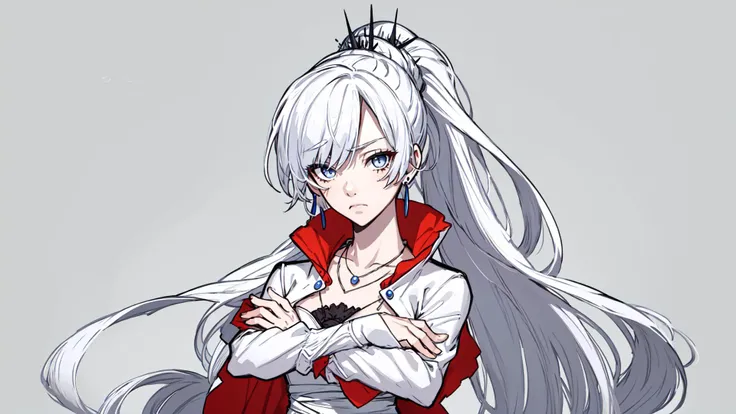 (masterpiece, best quality:1.2),<lora:rwby_weissschnee-12:1>,cowboy shot,solo,1girl,weissvale,expressionless,closed mouth,looking at viewer,crossed arms,ponytail,scar on eye,white dress,jewelry,necklace,earrings,