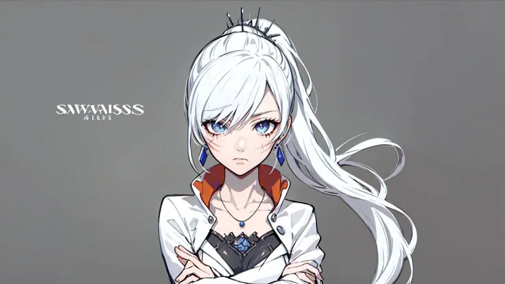 (masterpiece, best quality:1.2),<lora:rwby_weissschnee-12:1>,cowboy shot,solo,1girl,weissvale,expressionless,closed mouth,looking at viewer,crossed arms,ponytail,scar on eye,white dress,jewelry,necklace,earrings,