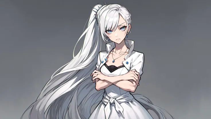 (masterpiece, best quality:1.2),<lora:rwby_weissschnee-12:1>,cowboy shot,solo,1girl,weissvale,expressionless,closed mouth,looking at viewer,crossed arms,ponytail,scar on eye,white dress,jewelry,necklace,earrings,