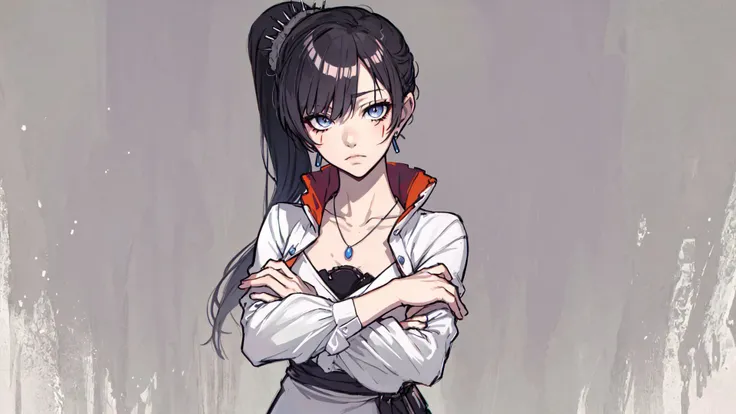 (masterpiece, best quality:1.2),<lora:rwby_weissschnee-12:1>,cowboy shot,solo,1girl,weissvale,expressionless,closed mouth,looking at viewer,crossed arms,ponytail,scar on eye,white dress,jewelry,necklace,earrings,