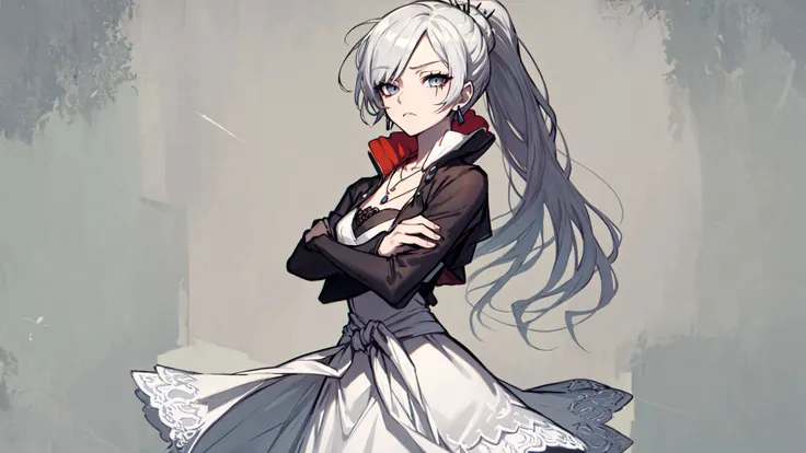 (masterpiece, best quality:1.2),<lora:rwby_weissschnee-12:1>,cowboy shot,solo,1girl,weissvale,expressionless,closed mouth,looking at viewer,crossed arms,ponytail,scar on eye,white dress,jewelry,necklace,earrings,