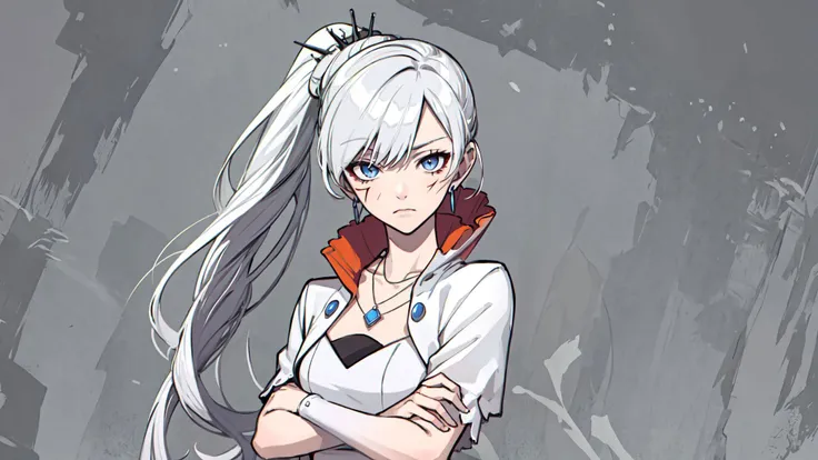 (masterpiece, best quality:1.2),<lora:rwby_weissschnee-12:1>,cowboy shot,solo,1girl,weissvale,expressionless,closed mouth,looking at viewer,crossed arms,ponytail,scar on eye,white dress,jewelry,necklace,earrings,
