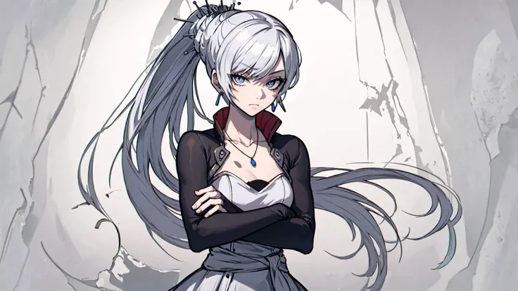(masterpiece, best quality:1.2),<lora:rwby_weissschnee-12:1>,cowboy shot,solo,1girl,weissvale,expressionless,closed mouth,looking at viewer,crossed arms,ponytail,scar on eye,white dress,jewelry,necklace,earrings,